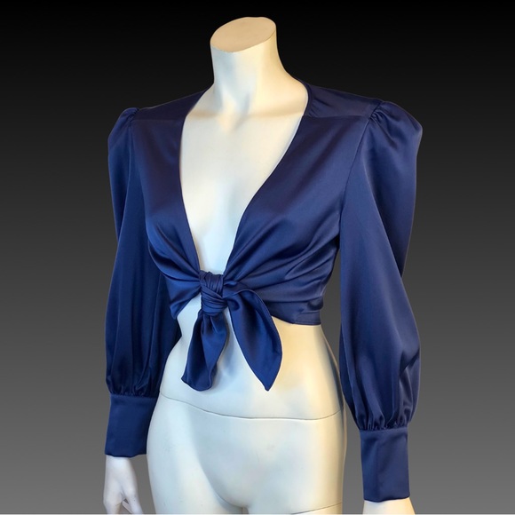 WAYF Navy Blue Satin Tie Front Cropped Shirt Jacket M NWT - Picture 2 of 10